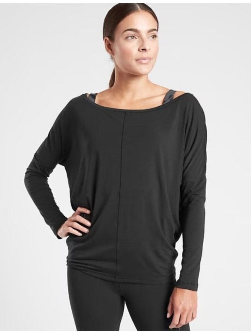 ATHLETA Solid Black Essence Flow Boat Neck Long Sleeve Lightweight Women's Top S